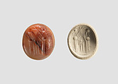 Stamp seal (oval conoid) with cultic scene, Variegated and veined neutral and red Chalcedony (Quartz), Assyro-Babylonian