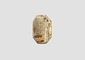 Stamp seal (octagonal pyramid) with cultic scene, Neutral Chalcedony (Quartz), possibly etched to produce yellow mottling, Assyrian