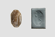 Stamp seal (octagonal pyramid) with cultic scene, Banded and flawed brown Chalcedony (Quartz), Assyrian