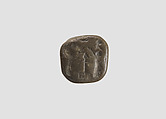 Stamp seal (octagonal pyramid, worn) with cultic scene, Feldspar, gray, Assyrian