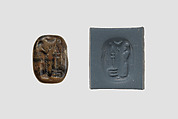 Stamp seal (octagonal pyramid, worn) with cultic scene, Limestone, olive, Assyrian