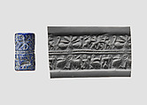 Cylinder seal with animal contest and banquet scene, Lapis lazuli, Sumerian