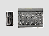 Cylinder seal and modern impression: suppliant goddess and offering bearer approaching Ishtar, three columns of inscription, Hematite, Babylonian