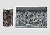 Cylinder seal and modern impression: heroes and animals in combat, head of the monster Humbaba, Hematite, Babylonian