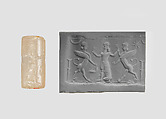 Cylinder seal with three-figure contest scene, Neutral Chalcedony (Quartz), Assyro-Babylonian
