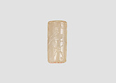 Cylinder seal with three-figure contest scene, Neutral Chalcedony (Quartz), Assyro-Babylonian
