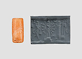 Cylinder seal with cultic scene, Veined orange and white Carnelian (Quartz), Assyrian