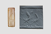 Cylinder seal with animal-monster contest scene, Flawed and veined neutral Chalcedony (Quartz), Babylonian