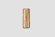 Cylinder seal with animal-monster contest scene, Flawed and veined neutral Chalcedony (Quartz), Babylonian