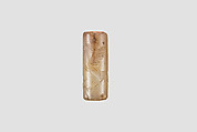 Cylinder seal with animal-monster contest scene, Flawed and veined neutral Chalcedony (Quartz), Babylonian