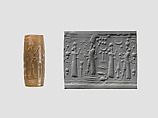 Cylinder seal with cultic scene, Brown Chalcedony (Quartz), Assyrian