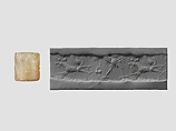 Cylinder seal with mythological contest scene, Flawed neutral Chalcedony (Quartz), Babylonian