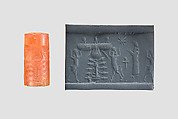 Cylinder seal with cultic scene, Veined orange Carnelian (Quartz), Assyrian
