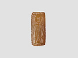Cylinder seal with three-figure contest scene, Brown Chalcedony (Quartz), Assyrian