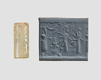 Cylinder seal with cultic scene, Neutral Chalcedony (Quartz), Assyro-Babylonian