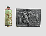 Cylinder seal (with caps preserved) with cultic scene, Variegated blue-green Chalcedony (Quartz), color possibly enhanced with heat and/or dye, with copper/bronze caps, Assyrian