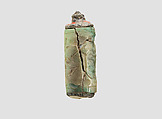 Cylinder seal (with caps preserved) with cultic scene, Variegated blue-green Chalcedony (Quartz), color possibly enhanced with heat and/or dye, with copper/bronze caps, Assyrian