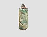 Cylinder seal (with caps preserved) with cultic scene, Variegated blue-green Chalcedony (Quartz), color possibly enhanced with heat and/or dye, with copper/bronze caps, Assyrian
