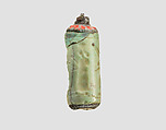 Cylinder seal (with caps preserved) with cultic scene, Variegated blue-green Chalcedony (Quartz), color possibly enhanced with heat and/or dye, with copper/bronze caps, Assyrian