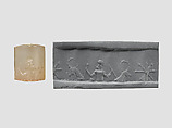 Cylinder seal with three-figure contest scene, Neutral Chalcedony (Quartz), Assyro-Babylonian