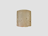 Cylinder seal with three-figure contest scene, Neutral Chalcedony (Quartz), Assyro-Babylonian