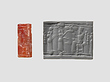 Cylinder seal with cultic scene, Flawed Carnelian (Quartz), Assyrian