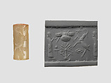Cylinder seal with cultic scene, Neutral Chalcedony (Quartz), Assyrian