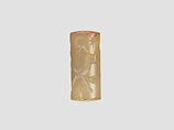 Cylinder seal with cultic scene, Neutral Chalcedony (Quartz), Assyrian