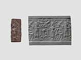 Cylinder seal with cultic scene, Variegated brown and white Limestone, Assyrian