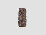 Cylinder seal with cultic scene, Variegated brown and white Limestone, Assyrian