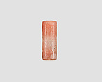 Cylinder seal with chariot war scene, Variegated and flawed pink and neutral Chalcedony (Quartz), Assyrian
