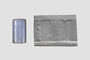 Cylinder seal with cultic scene, Blue Chalcedony (Quartz), Assyro-Babylonian