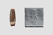 Cylinder seal with three-figure contest scene, Brown and white Agate (Quartz), Babylonian or Achaemenid