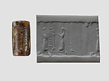 Cylinder seal with cultic scene, Mottled and flawed brown and white Chalcedony (Quartz), Assyro-Babylonian