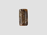 Cylinder seal with cultic scene, Mottled and flawed brown and white Chalcedony (Quartz), Assyro-Babylonian