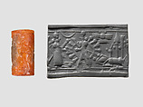 Cylinder seal with cultic scene, Variegated and flawed orange and neutral Chalcedony (Quartz), Assyrian