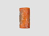 Cylinder seal with cultic scene, Variegated and flawed orange and neutral Chalcedony (Quartz), Assyrian