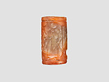 Cylinder seal with cultic scene, Variegated and flawed orange and neutral Chalcedony (Quartz), Assyrian