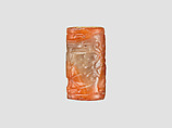 Cylinder seal with cultic scene, Variegated and flawed orange and neutral Chalcedony (Quartz), Assyrian