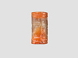 Cylinder seal with cultic scene, Variegated and flawed orange and neutral Chalcedony (Quartz), Assyrian
