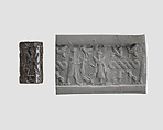 Cylinder seal and modern impression: offering bearer before winged deity; terminal: sphinxes, guilloche, lions, Hematite