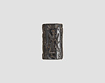 Cylinder seal and modern impression: offering bearer before winged deity; terminal: sphinxes, guilloche, lions, Hematite