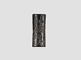 Cylinder seal and modern impression: royal figures approaching weather god; divinities, Hematite