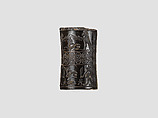 Cylinder seal and modern impression: rows of animals; falcons flanking goat, Taweret goddesses, Stone