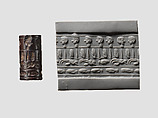 Cylinder seal and modern impression: four registers: hands, human and goat heads, Hematite