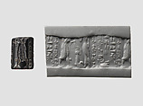 Cylinder seal and modern impression: confronted king and goddess (?), five rows of inscription, Hematite
