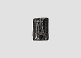 Cylinder seal and modern impression: confronted king and goddess (?), five rows of inscription, Hematite