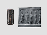 Cylinder seal and modern impression: suppliant goddesses and worshipers, Hematite, Babylonian