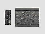Cylinder seal and modern impression: human figure flanked by sphinxes, birds, Hematite, Cypriot