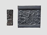 Cylinder seal and modern impression: confronted upright lion and griffin before a seated figure, Hematite, Cypriot